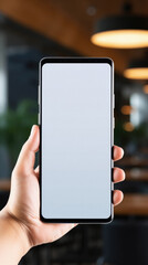 Mockup of a hand holding smartphone with blank white screen in cafe