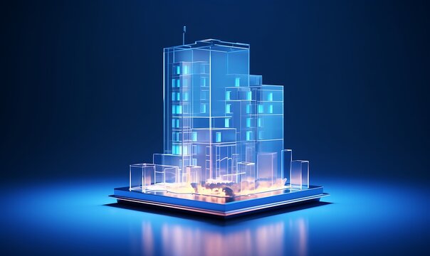 Holo blue concept 3d rendering maquette miniature model of small skyscraper building in real estate agency. futuristic business. Generative Ai