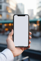 Mockup of a man's hand holding a smartphone with a white screen in the city .