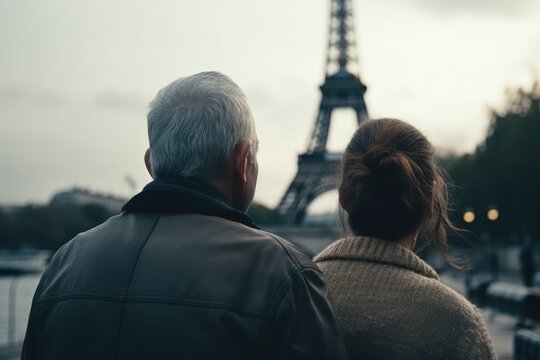 Rear view of couple looking at scenery in front of Eiffel Tower, rear view of couple traveling in Paris, faceless couple travel stock photo