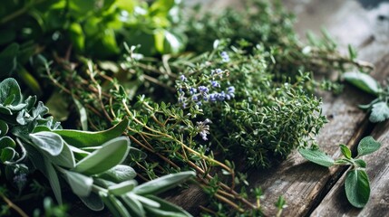  a bunch of herbs sitting on top of a wooden table next to a bunch of green leaves and a sprig of lavender on top of a piece of wood. - obrazy, fototapety, plakaty