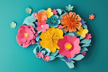 paper cut card Human brain with spring colorful flowers.  World Mental Health day Concept of mental health, self care, happiness, harmony, positive thinking, creative mind