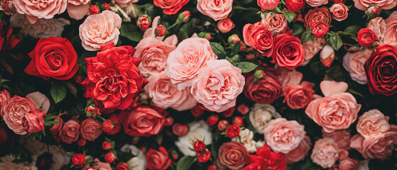 Natural fresh red roses flowers pattern wallpaper. top view, Red rose flower wall background.