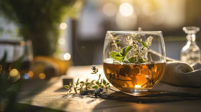  a glass of tea sitting on top of a table next to a bottle of tea and a glass with a sprig of mint on top of the tea.