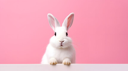White Rabbit against Pink Background. Easter concept with copy space