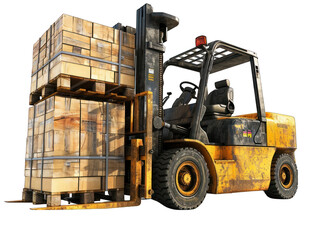 Forklift Carrying Load Isolated on Transparent or White Background, PNG