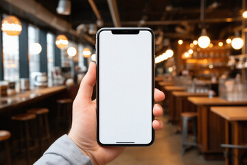 Male hand holding a smartphone with a blank screen in a cafe. mockup