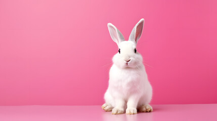 White Rabbit against Pink Background. Easter concept with copy space