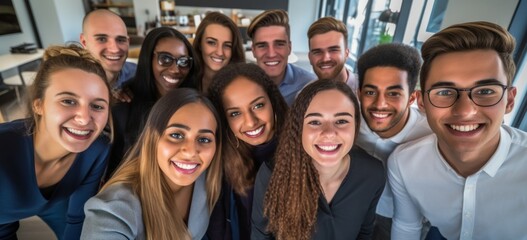 Obraz premium Diverse business team smiling together in modern office. Corporate team building.