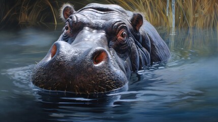  a close up of a hippopotamus in a body of water with reeds in the background and a painting of a hippopotamus in the foreground.