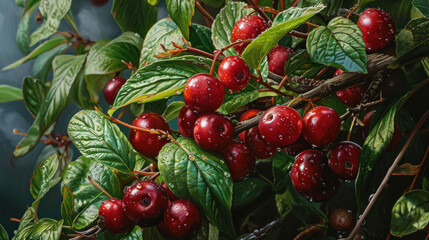  a close up of a bunch of cherries on a tree branch with water droplets on the leaves and the fruit still on the branch, with drops of dew on the leaves.