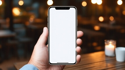 Male hand holding a phone with a white screen in a cafe. mock-up