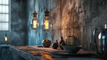  a wooden table topped with a bowl of fruit and two light bulbs hanging from it's ceiling above a bowl of fruit and a teapot on a plate. - obrazy, fototapety, plakaty
