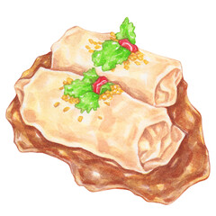 bbq pork rice noodle roll, watercolor asian food design