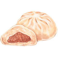 minced pork buns, watercolor asian food design