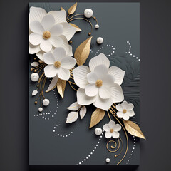 stylish greeting, invitation card with white 3D flowers with gold and pearls on a dark background