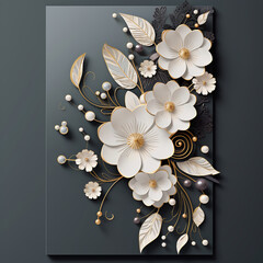 stylish greeting, invitation card with white 3D flowers with gold and pearls on a dark background