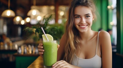 Diet. Healthy Eating Woman Drinking Fresh Raw Green Detox Vegetable Juice. Healthy Lifestyle, Vegetarian Food And Meal. Drink Smoothie. Nutrition Concept