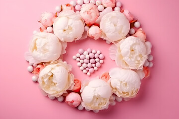Women's Day concept. Top view photo of white circle pink peony rose and heart shaped sprinkles on isolated pastel pink background with copy space