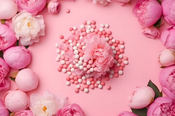 Women's Day concept. Top view photo of white circle pink peony rose and heart shaped sprinkles on isolated pastel pink background with copy space