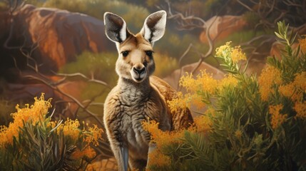  a painting of a kangaroo in a bush with yellow flowers in the foreground and a rock outcrop in the background with trees and bushes in the foreground.
