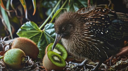  a kiwi eating a kiwi fruit on the ground with other kiwis and leaves in the background and a green leafy plant in the foreground.