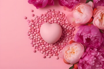 Obraz na płótnie Canvas Women's Day concept. Top view photo of white circle pink peony rose and heart shaped sprinkles on isolated pastel pink background with copy space