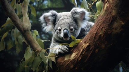  a koala bear sitting in a tree with leaves on it's branch and looking at the camera with a surprised look on his face and eyes wide open.