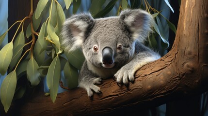 Obraz premium a painting of a koala sitting on a tree branch looking at the camera with a smile on it's face and a green leafy branch in the foreground.