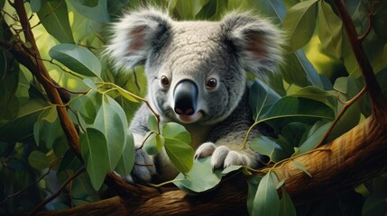  a painting of a koala sitting on a tree branch with leaves around it's neck and eyes wide open, with its mouth wide open wide wide open.