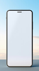 Smartphone with blank screen on blue sky background .