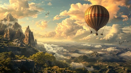  a painting of a hot air balloon flying in the sky over a mountain range with trees and mountains in the foreground, and a few birds flying in the foreground.