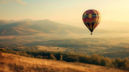 Obraz premium a hot air balloon flying in the sky over a lush green valley with trees and mountains in the background in the distance is a field with yellow grass and brown grass.