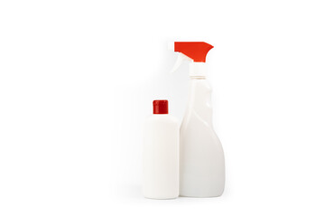 Hygiene supply, cleaning spray, professional service, window tool, detergent on white background