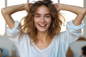 Fototapeta premium A happy casual woman winning gesture. Generative AI.
