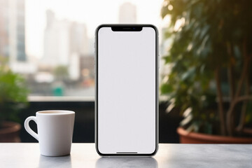 Mockup smartphone with blank screen and coffee cup on table .