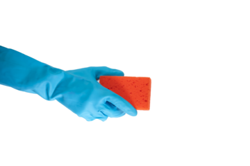 Disinfection tool, cleaning sponge in use, hand at work, cleanliness service,isolated