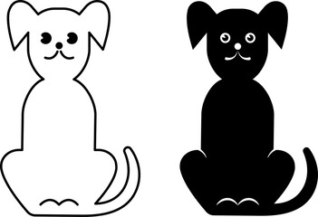 An image of a dog in black and white. Symbol, sign, icon, outline, silhouette