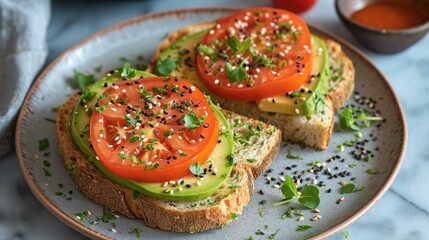 Healthy looking avocado and tomato with seeds on plate, Sandwich, Angle from above. Generative AI.