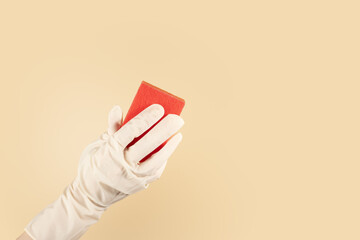 Cleaning supply, eco-friendly sponge in hand, professional cleanup, sanitary service