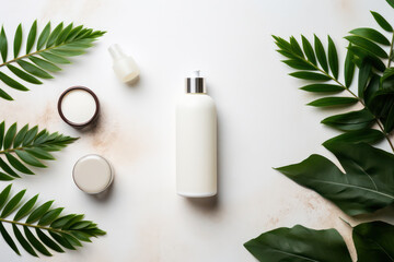 Elegant simplicity, Minimalist composition with cosmetics and greenery.