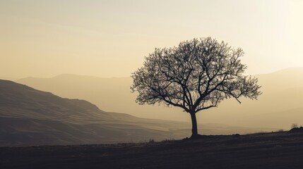  a lone tree on a hill with mountains in the background in the distance is a foggy sky and there is only a single tree in the foreground with no leaves.