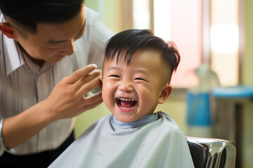 Joyful Milestone, Happy Asian Toddler Delights in His First Haircut Experience. - obrazy, fototapety, plakaty