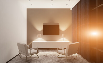 Modern office building interior. 3D rendering.. Sunset.