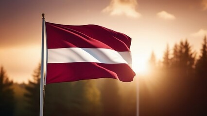 Close-up of Flag of the Republic of Latvia. Latvian flag waving in the wind against the sun