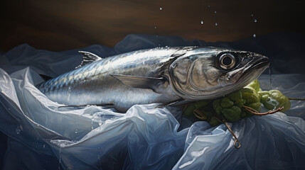  a painting of a fish on a piece of cloth with a bunch of grapes in front of it and a bottle of wine in the other side of the picture.