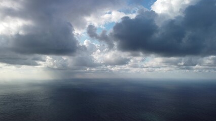 Aerial view. Dramatic sunset with sea and gloomy clouds. Abstract aerial nature summer ocean sunset sea and sky background. Horizon. Vacation, travel and holiday concept. Weather and climate change