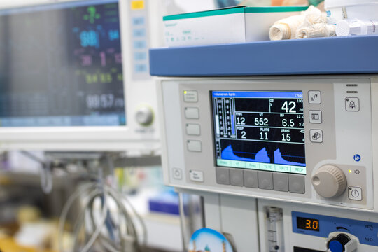 Anesthesia monitor in hospital operating room. Surgical equipment at medical clinic. Operating room before surgery.