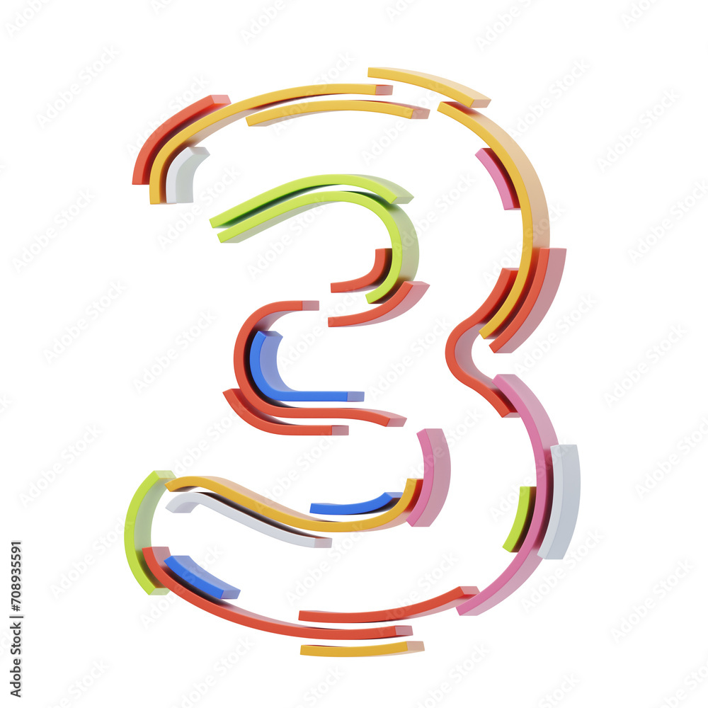 Fototapete 3d number 3 shape stripes text. 3d illustration, 3d element, 3d rendering. 3d visualization isolated