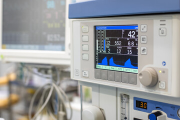 Anesthesia monitor in hospital operating room. Surgical equipment at medical clinic. Operating room...